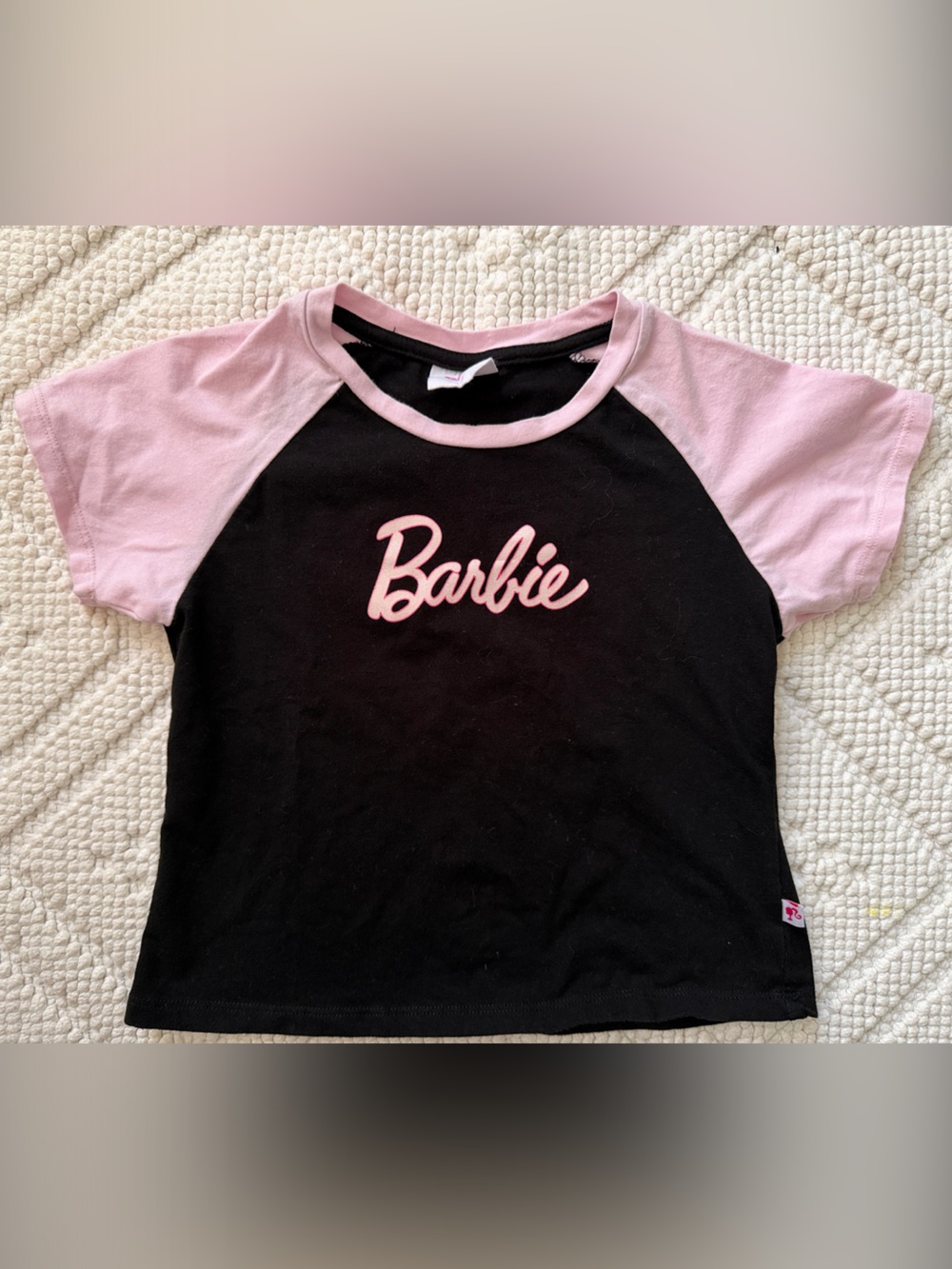 Barbie Black Tee with Pink Sleeves and Pink Script